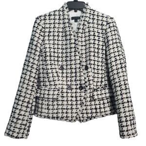 Ann Taylor White Fringe Tweed Double Breasted Jacket Size 6